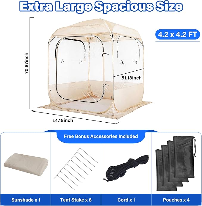 DIAMONDFORGE Sports Tent Pop Up Shelter 4.2 x 4.2 FT, Portable Clear Tent with Removable Top Cover, Instant Setup Weather Pods 2 Person, Spacious BubbleTent for Outside, Beige