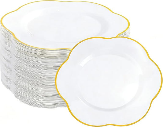 Liacere 100PCS Gold Plastic Plates - White and Gold Dinner Plates - with Gold rim10inch Heavy Duty Disposable Plates, Perfect for Wedding & Party & Holiday & Afternoon Tea