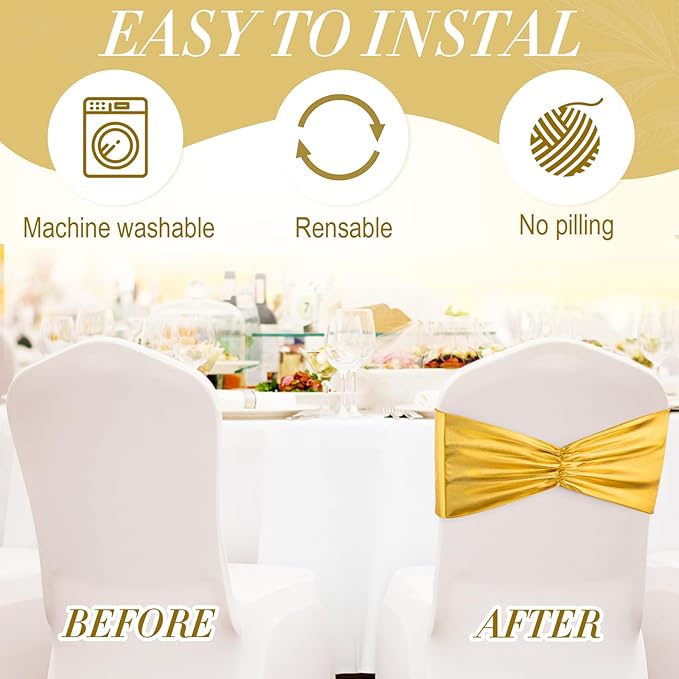 Hahafelt 50 Pcs Chair Sashes Shiny Bow Spandex Bands for Chair Wedding Banquet Parties Reception Restaurant Decoration (Gold)