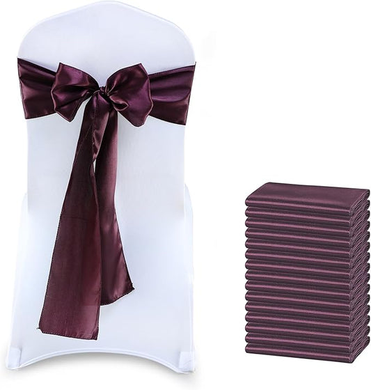 MDS Satin Chair Sashes, 50 Pack, 7”x108” Each, Decorative Chair Bows Ribbon Tie Backs for Wedding Party, Holiday Dinner, Birthday, Reception, Banquet, Hotel & Event Decoration - Plum
