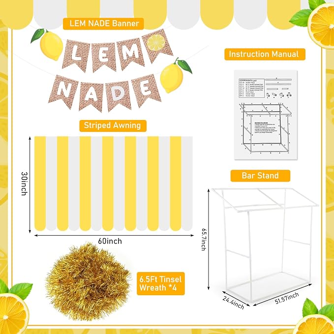 7 Pcs Lemonade Stand Supplies Lemonade Bar Party Decorations with 1 Set Plastic Stand 1 Yellow and White Striped Sunshade Cloth 4 Yellow Tinsel 1 Banner Sign for Outdoors Summer Party Supplies