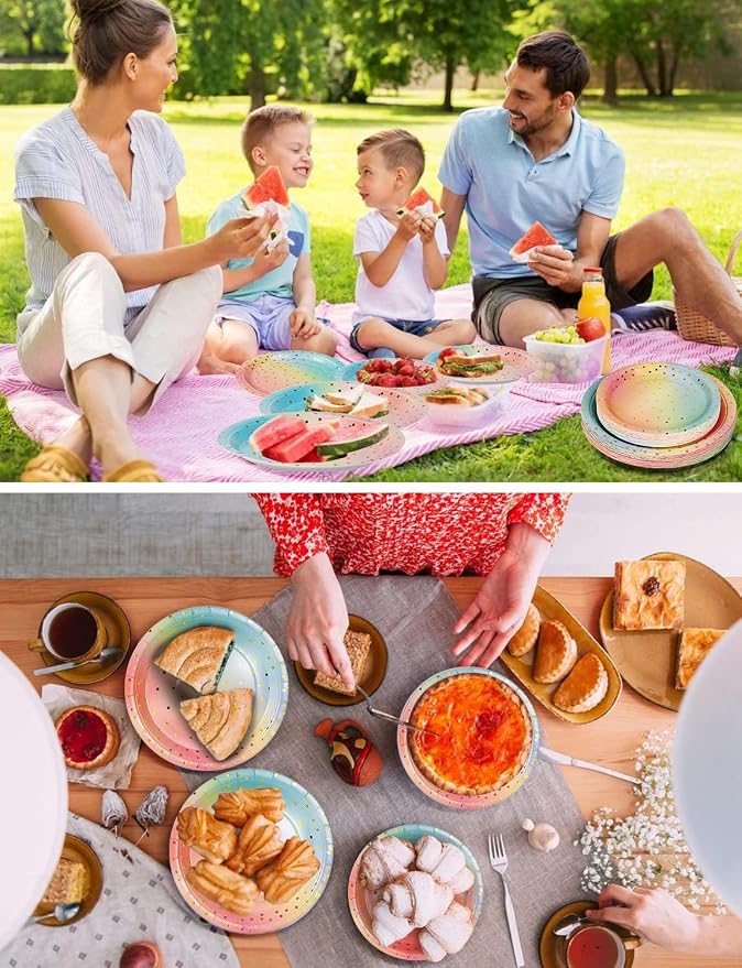 Nkaiso 141 Pieces Rainbow Gold Party Supplies, Party Dinnerware Sets Include Paper Plates Napkins Cups Silverware, for Wedding Bridal Shower Engagement Birthday Parties Decoration -20 Serves
