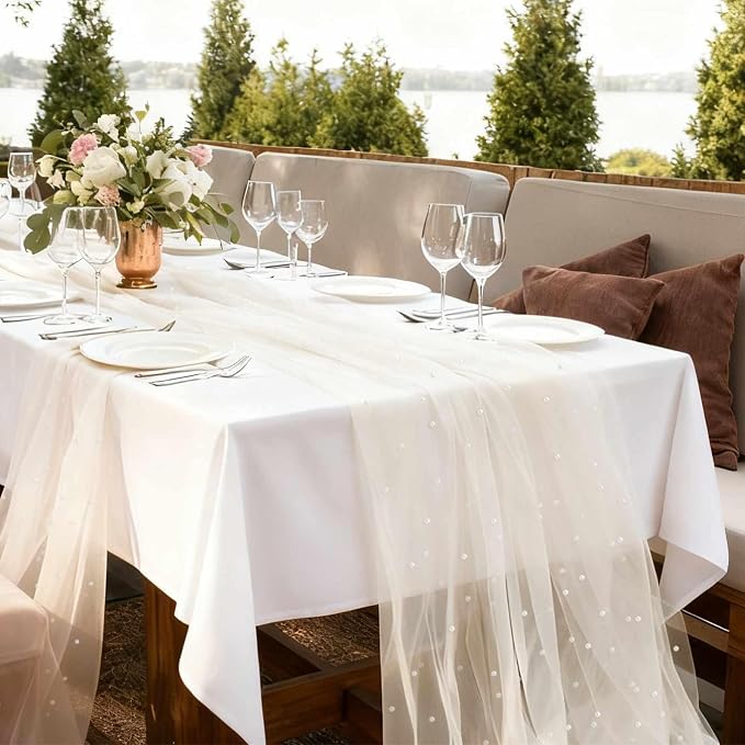 WELTRXE 6PCS Beige Pearl Table Runner 10ft, Boho Rustic Tulle Lace Table Runner 30x120 Inch for Wedding Decor Birthday Party Dining Table Cover, Champagne