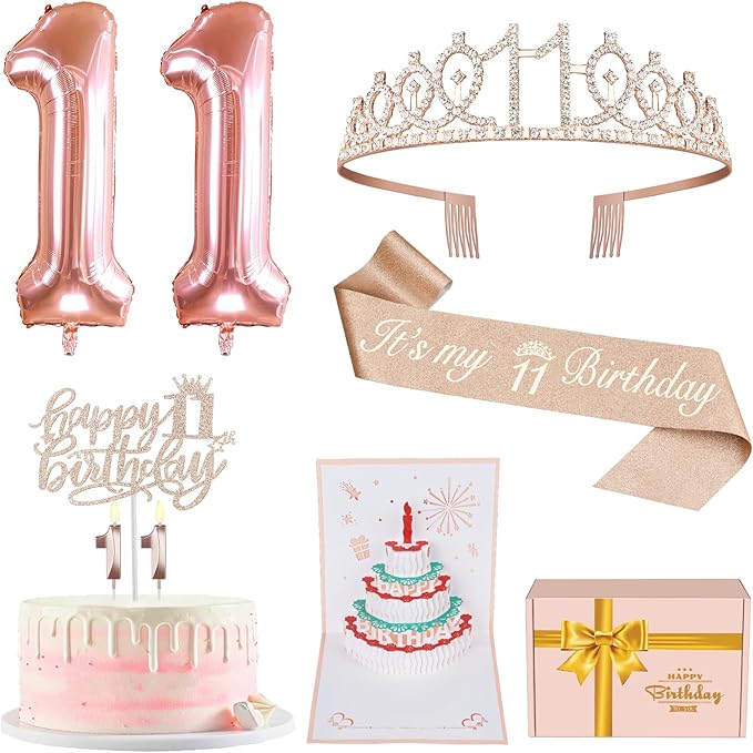 11th Birthday Decorations for Girls, Including 11th Birthday Sash and Tiara, 11 Candles and Cake Toppers, Rose Gold 11 Balloons and 3D Birthday Card, 11th Birthday Gifts for Girls 11 Year Old Birthday Party