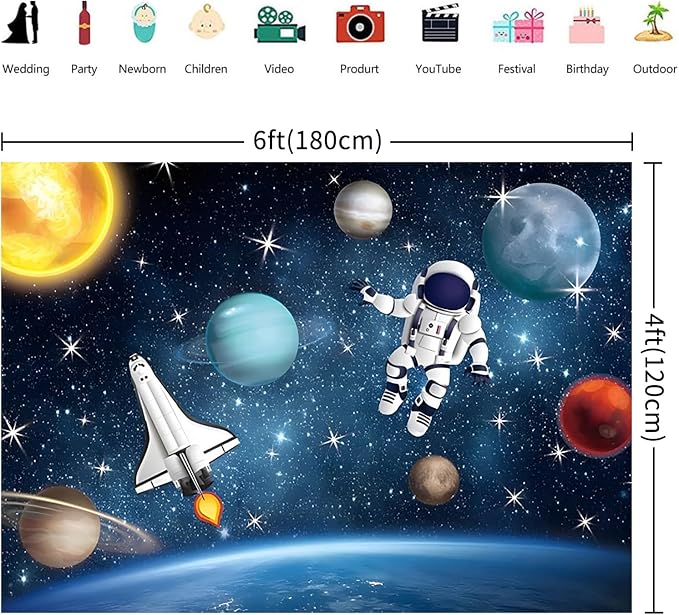 6x4FT Space Backdrop Universe Outer Space Planet Star Galaxy Astronaut Rocket Photography Background Kids Boys Girls Birthday Party Decorations Banner Photo Booth Props