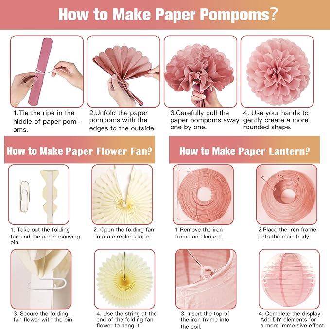 Boho Paper Party Decorations, Blush Pink and Champagne Gold Elegant Party Decor Kit with Paper Lanterns, Pom Poms, Fans and Gold Star Garland for Bridal Shower Birthday Baby Shower Wedding Party