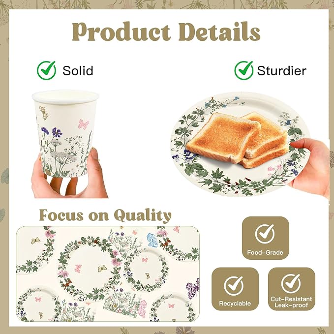 182pcs Wildflower Party Supplies,Disposable Wildflower Paper Plates and Napkins Tableware Set,for Baby Shower, Wedding, Birthday Party Decorations,Serves 30