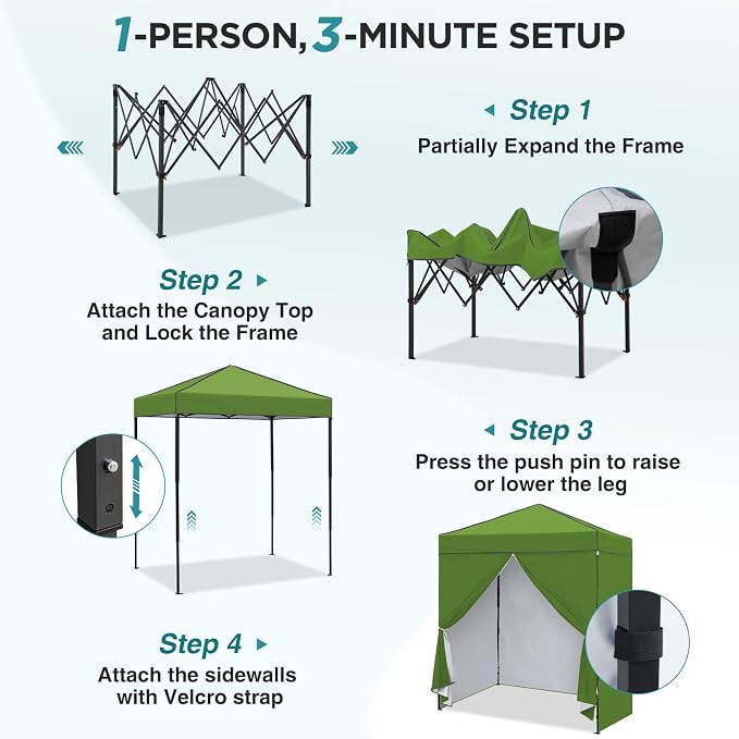 EAGLE PEAK 6x4 Instant Pop Up Canopy Tent with 4 Side Wall Panels, Straight Leg Sun Shelter, Portable Canopy with Carry Bag for Camping, Beach & Sports, Grass Green