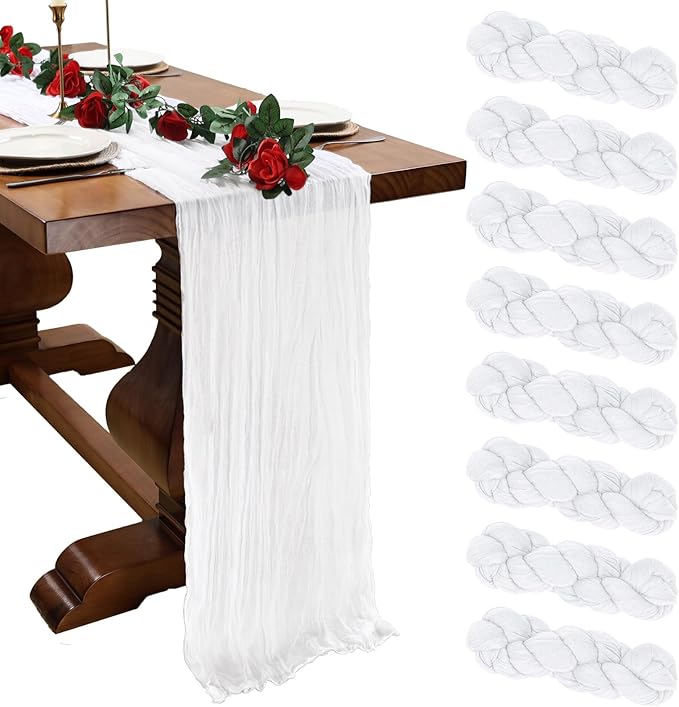 8 Pack White Cheesecloth Table Runner 10ft Boho Gauze Fabric 120 Inch Cheese Cloth Table Runner Rustic Sheer for Holiday Baby Shower Party Décor Home Wedding Decoration