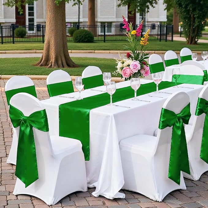 MDS Satin Chair Sashes, 125 Pack, 7”x108” Each, Decorative Chair Bows Ribbon Tie Backs for Wedding Party, Holiday Dinner, Birthday, Reception, Banquet, Hotel & Event Decoration - Green