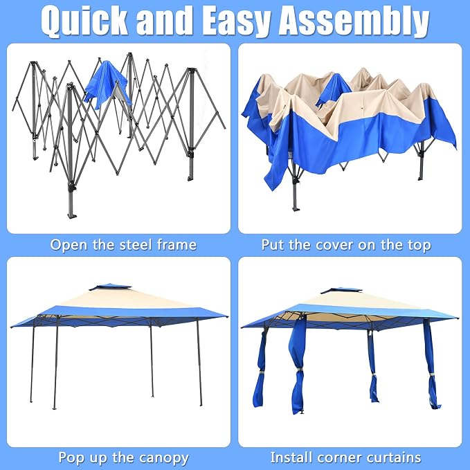 Tangkula 13 x13Ft Pop-Up Gazebo, Outdoor Canopy Shelter Tent w/ 2-Tier Roof, Corner Curtains & 3 Adjustable Heights, Patio Gazebo with 169 Sq.Ft of Shade for Yard, Patio, Beach & Park (Blue)