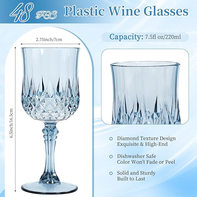 48 Pack Dusty Blue Plastic Wine Glasses, Vintage Plastic Goblets for Parties, Drinking Glasses Unbreakable Glassware Crystal Water Goblets Reusable Drinkware for Wedding Reception Grand Event Party