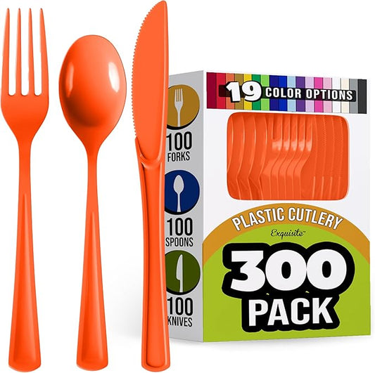 Party Solids Orange Plastic Silverware Heavy Duty 300 Pieces Orange Disposable Silverware Heavy Duty, Utensil Sets, 100 Of Each Forks, Knives & Spoons Disposable Cutlery Set For Party Supplies