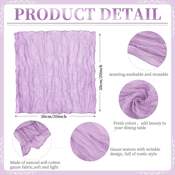 60 PCS Light Purple Gauze Cheesecloth Napkins,20x20 Inch Cotton Napkin Rustic Wrinkled Cloth Napkin Bulk Washable Dinner Table Napkins for Wedding Party Bridal Shower Baby Shower Events Decor