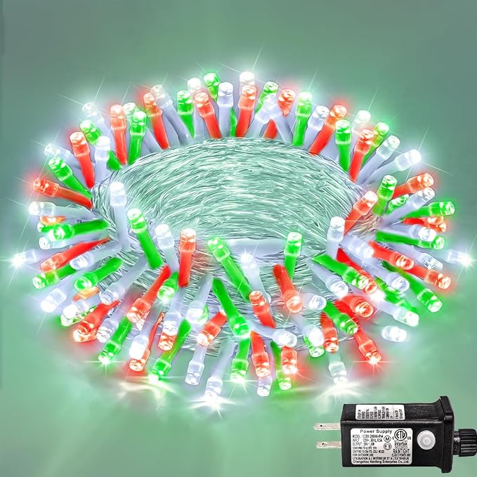 120 LED Christmas Lights Outdoor, 40 FT String Lights for Outside Waterproof, 8 Modes Plug in Fairy Twinkle Lights for Indoor Patio Yard Tree Christmas Halloween Decorations, Red White&Green