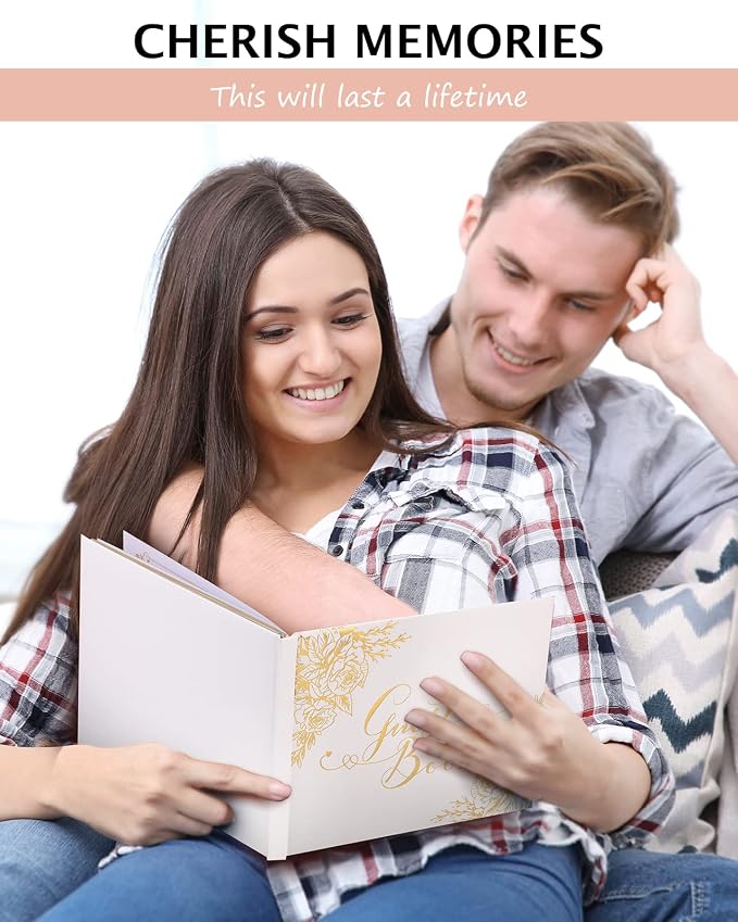 Wedding Guest Book - Guest Book Wedding Reception with Pens - 9x7'' Personalized Wedding Guestbook Photo Album Sign in Book - Gold Foil Hardcover & Gilded Edges, for Weddings, Baby Shower, Party