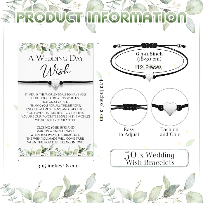 Sasylvia 50 Sets Wedding Favors for Guests Adjustable Bracelets with a Wedding Day Wish Cards Thank You Gifts Bulk for Bridal Shower Party Souvenirs