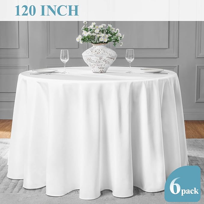 VidaFete 6 Pack 120inch Round Tablecloth Polyester Table Cloth, Stain Resistant and Wrinkle Polyester Dining Table Cover for Kitchen Dinning Party Wedding Rectangular Tabletop Buffet Decoration(White)