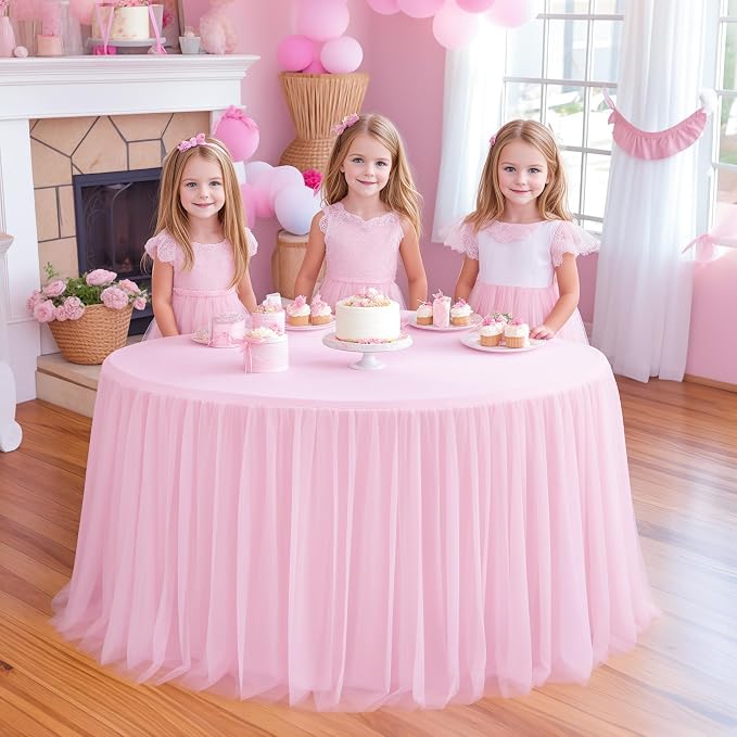 HB HBB MAGIC Light Pink Round Tablecloth 60 inch Stretchy Elastic Fitted Round Table Cloth Cover, Pink Table Cloths for Parties Tulle Table Cloth with Skirt Wedding Bridal Shower Tables Decoration