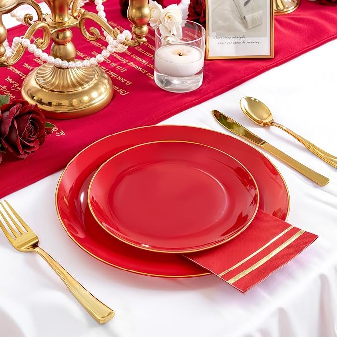 NOCCUR 350PCS Red Plastic Plates - Disposable Red Gold Dinnerware Set for 50 Guests, 100 Dinner/Dessert Plates, 150 Gold Silverware, 50 Cups&50 Napkins for Party/Wedding/Mother's Day