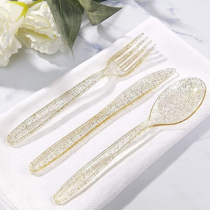 WDF 360 Gold Plastic Silverware - Disposable Gold Glitter Cutlery - Plastic Silverware inluding 120Forks, 120 Spoons, 120 Knives for Wedding Baby Shower Spring Birthday