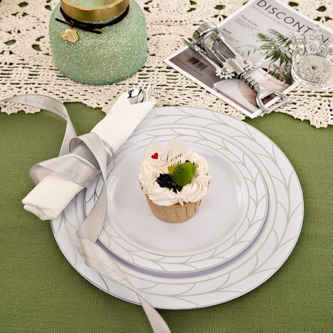 COLOSUS 100pcs Disposable Silver Plastic party plates, Heavy Duty Silver White Plastic Plates set 50 Dinner Plate, 50 Salad Plate for Wedding, Birthday, Party dinner