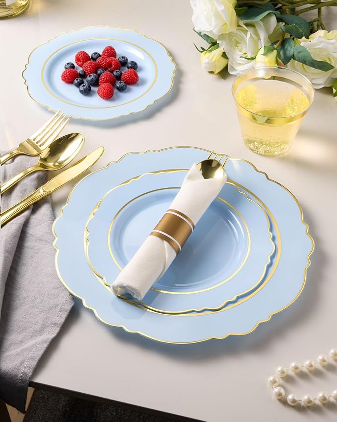 realluck 350 Piece Light Blue Plastic Dinnerware Set for 50 Guests Elegant Disposable Dinnerware for Weddings, Parties, 100 Plastic Plates, 50 Pre Rolled Napkins with Silverware, 50 Cups