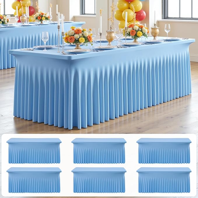 6 pk Baby Blue Spandex Tablecloth 6ft with Ruffle Skirt, Wrinkle Free High Stretch Fitted Tablecloths for 6 Foot Rectangle Tables, Blue Eastic Spandex Table Covers 6ft for Parties Banquet Weddings
