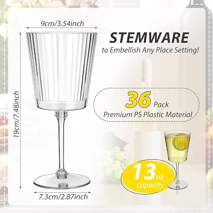 Domensi 36 Pack Plastic Ribbed Wine Glasses 13 oz Acrylic Champagne Flutes with Stem Unbreakable Reusable Cocktail Champagne Glasses for Wedding Holiday Birthday Party Supplies