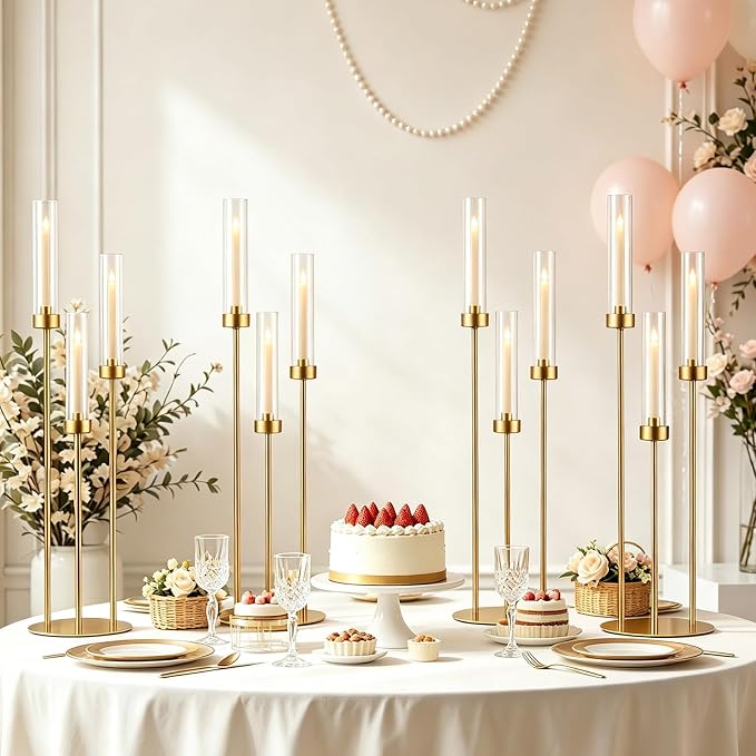 4pcs Gold Candelabra Centerpieces for Wedding Tables, 33.8'' Tall 3 Arm Candle Holder with Acrylic Lampshade for Wedding, Party, Events, Christmas & Halloween Home Decor, Fit LED Taper Candles
