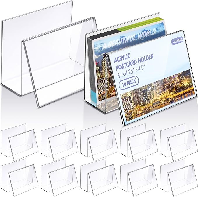 Crtiin 10 Pcs Clear Acrylic Postcard Display Holder Business Card Holder Greeting Card Display Clear Business Stand Rack for Index Organizer Desk Table Home Office, 6 x 4.25 x 4.5 Inches