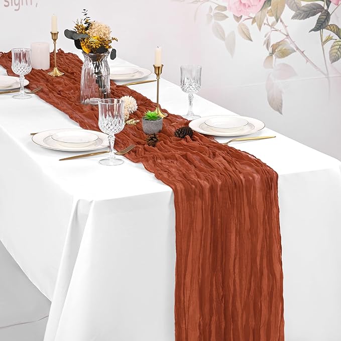 8 Pack Terracotta Cheesecloth Table Runner 120 Inch 10FT Spring Boho Rustic Sheer Gauze Cheese Cloth Table Runner for Wedding Baby Shower Birthday Party Table Decor