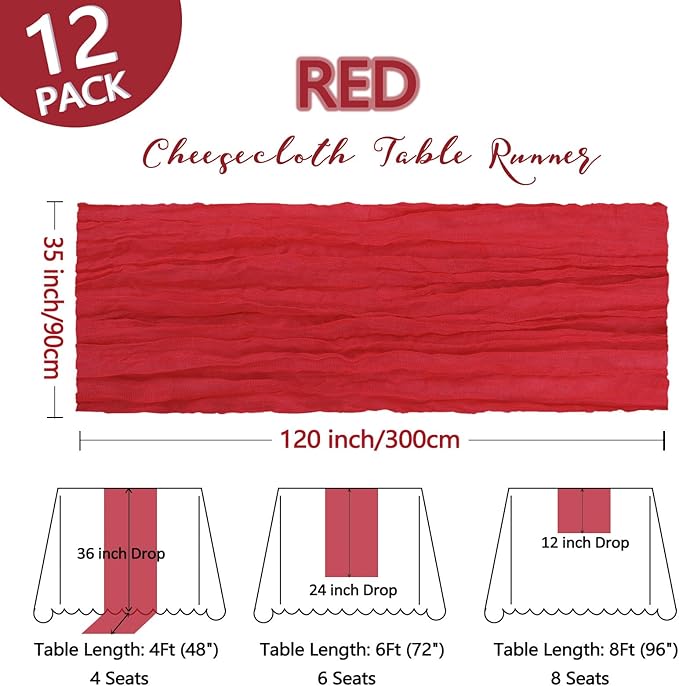 12 Pack Red Cheesecloth Table Runner 10Ft Spring Gauze Cheese Cloth Table Runner 35x120 Inch Boho Sheer Rustic Fabric for Holiday Party Decor Baby Shower Wedding Decorations