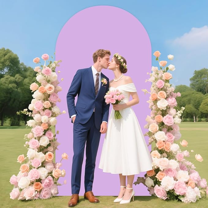 7.2 FT Wedding Arch Backdrop Stand and Arch Cover Gold Metal Arched Backdrop Frame Stand with Lilac Spandex Arches Covers Stretchy Backdrops for Birthday Baby Shower Party Ceremony Decor