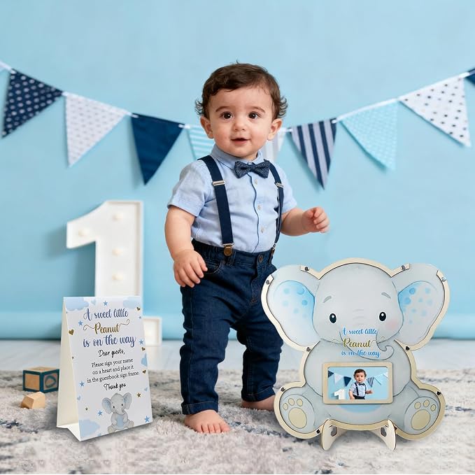 Elephant Baby Shower Decorations,Boy Baby Shower Guest Book Alternatives with Elephant Pen,Photo Frame and 60 Heart Wood Slices for 60 Guests,Gender Reveal Decorations