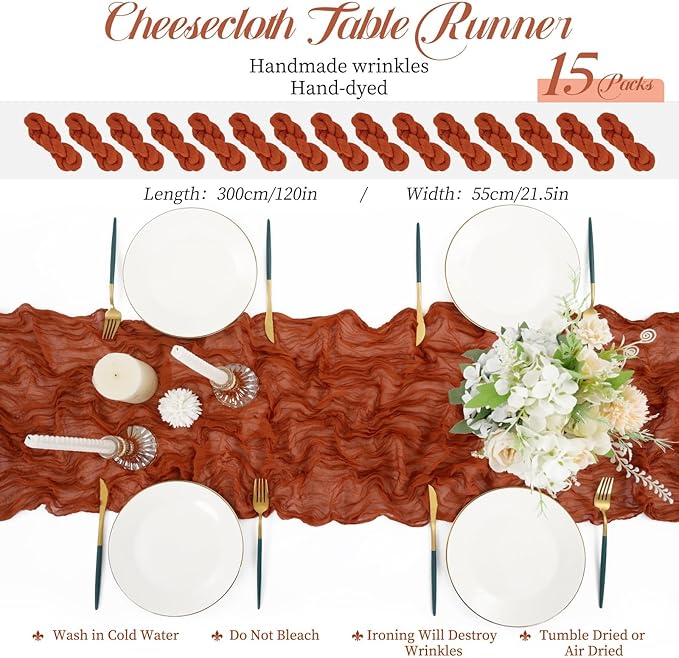 15 Packs Terracotta Cheesecloth Table Runner, 10 Ft Rustic Gauze Boho Wedding Table Runner Decoration, Wedding Table Decor Table Cloth for Wedding Party Bridal Shower Table,21.5x120in