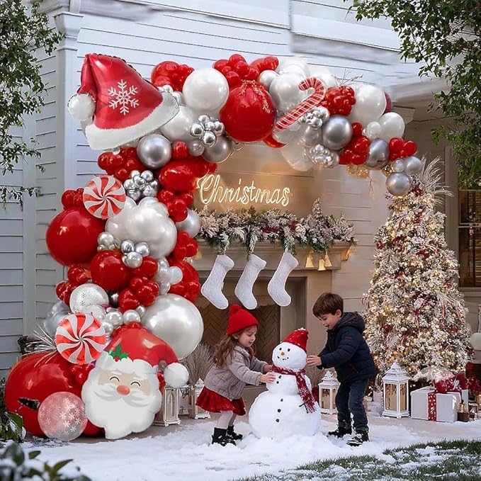 Red White Christmas Balloon Arch Kit, Double Stuffed Ruby Red Pearl White Silver Balloon Garland with Snowflake Latex, Santa Hat Foil Balloons for Winter Xmas Birthday Baby Shower New Year Party Decor