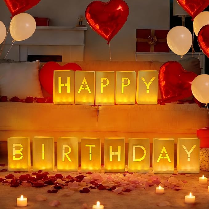 Happy Birthday Light Up Letters, Rose Petals LED Tea Lights Candles Latex Foil Balloons, Paper Luminary Bags for Men Women Birthday Party Decorations