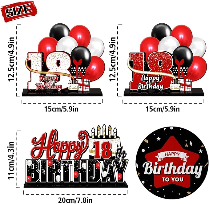 LINGTEER Happy 18th Birthday Red Acrylic Table Topper Centerpieces Set - Cheers to Eighteen Years Old Birthday 18th Bday Party Gift Decorations.