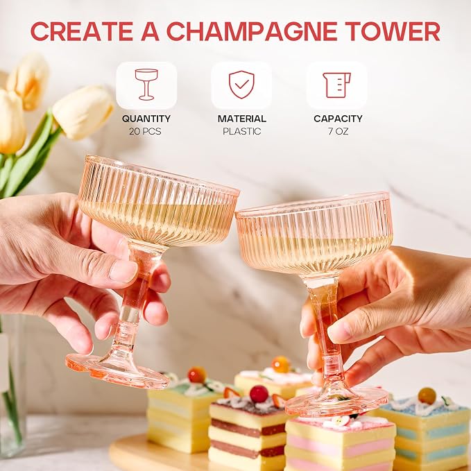 20 Pack Plastic Champagne Tower, 7oz Champagne Coupe glasses Unbreakable Plastic Cocktail Glasses Acrylic Martini Glasses for Wedding Birthday Party Bar, Pink