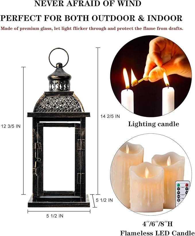 Lanterns Decorative Indoor&Outdoor, 14.4'' Large Black Square Hanging Lanterns, Vintage Metal Candle Holder for Outdoor Patio Front Door Porch Wedding Party Decor