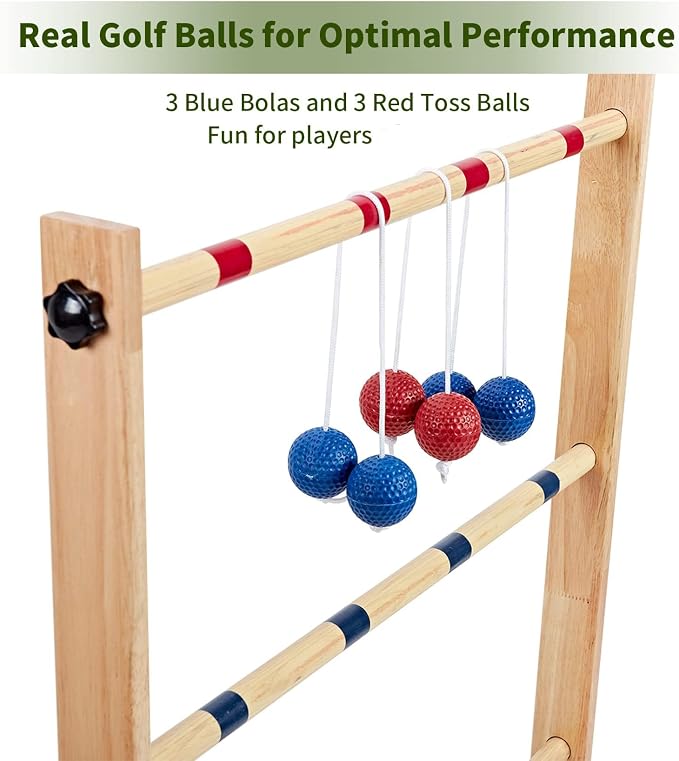ApudArmis Ladder Toss Game Set, 35x26In Pine Wooden Golf Ladder Lawn Game with 6 Bolos Balls and Carrying Case - Outdoor Backyard Game for Teens Adults Family（New Version Sturdy Bolts）