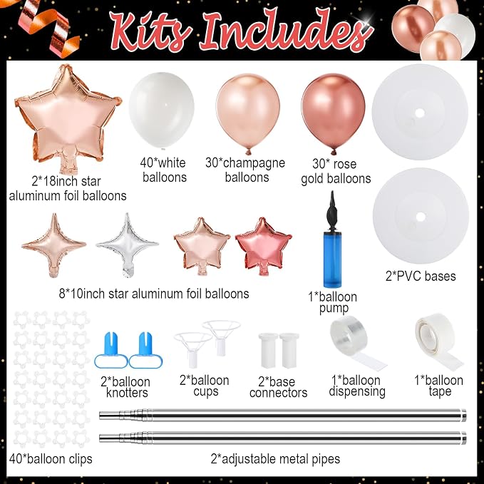 Gejoy 110 Pcs Champagne Rose Gold Balloons Column Stand Kit Adjustable Tower Stand from 1.4 to 6.6 ft with Bases for Back to School Wedding Birthday Baby Shower Party