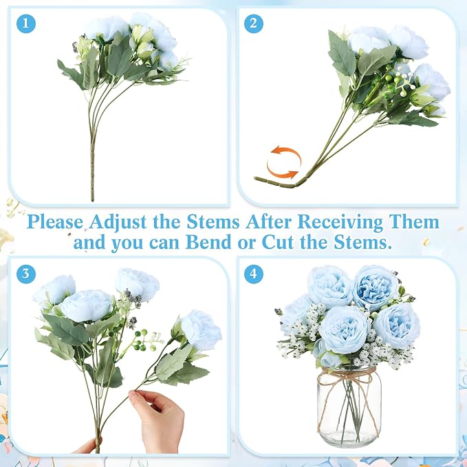 Zeyune 12 Sets Mason Jar Centerpiece Table Decorations, Artificial Peony Baby's Breath Flower Bouquets, Faux Flowers with Vase, Rustic Decor Gifts for Home, Wedding, Holiday (Blue)