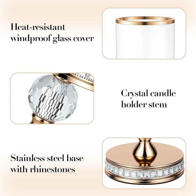 10" Tall Hurricane Candle Holder, Pillar Candle Holders with Glass Sleeve with Gift Box, Crystal Candle Stands for Home Warming, Weddiing, Dining Room Decor, Table Centerpiece (2, Gold, S)