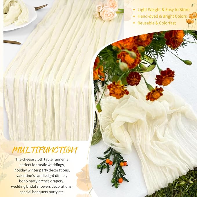 18 Pack Beige Cheesecloth Table Runner 17 x 108 inch Boho Gauze Table Runner Rustic Sheer Cheese Cloth Table Decorations for Wedding Party Baby Bridal Shower Birthday Holiday Home