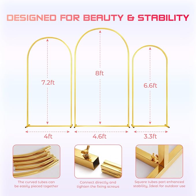 Toolterritary Wedding Arch Backdrop Stand 8FT, 7.2FT, 6.6FT Set of 3 Gold Metal Balloon Arch Stand with Stable Base, Banner Stand, Photography Backdrop, Party, Birthday, Baby Shower Decor
