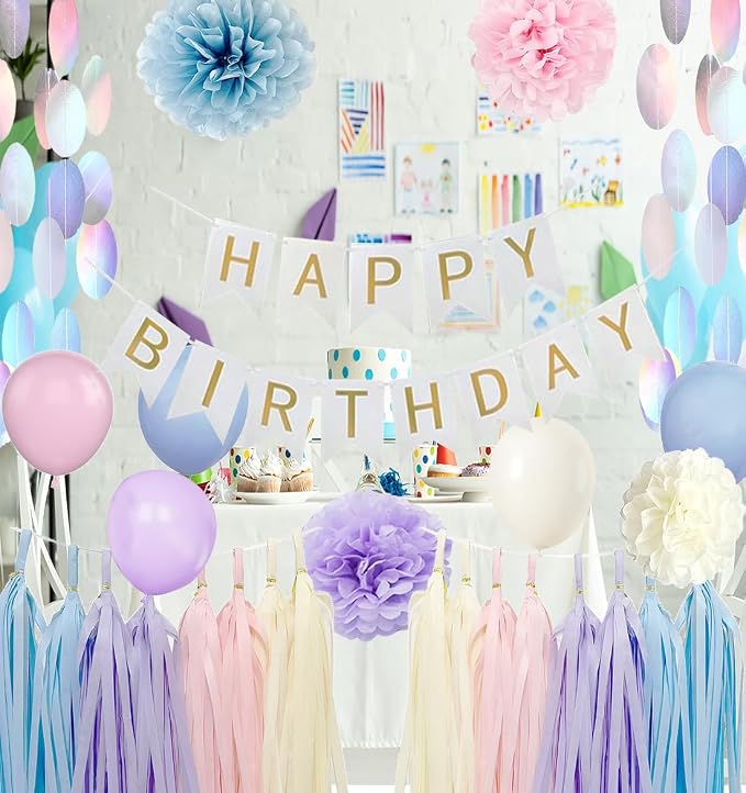 Iridescent Birthday Decorations for girls Women - Pink Purple Blue Party Balloons with Happy Birthday Banner Tassel Dot Garland and Paper Pom poms Decor (Pastel Pink Purple)