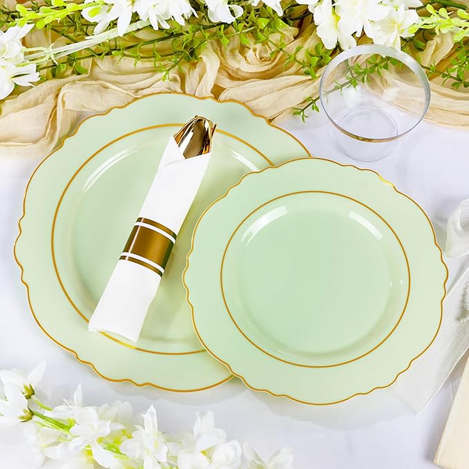 Liacere 175PCS Light Green Plates - Disposable Green and Gold - 25guest Baroque Dinnerware include 50Plates,25Pack Pre Rolled Napkins with Silverware 25Cups for Wedding ＆ Party & Spring