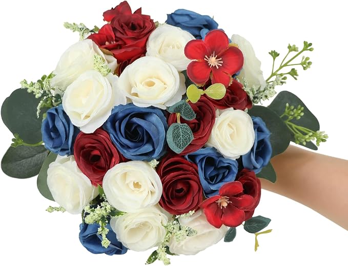 Set of 6 Bridesmaid Bouquets for Wedding - 7 Inch Artificial Ivory Flower Bouquet for Party Ceremony Anniversary Dinning Table Centerpieces Decor - Red & Blue & White